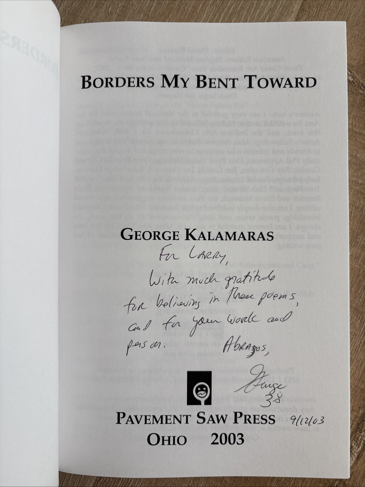 BORDERS MY BENT TOWARD George Kalamaras SIGNED 2003 PB Poems Pavement Saw Press
