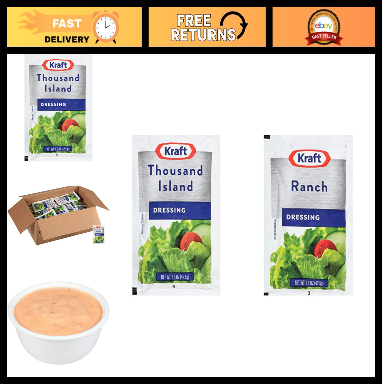 Thousand Island & Ranch Salad Dressing Single Serve Packets, 1.5 oz, 60 Count