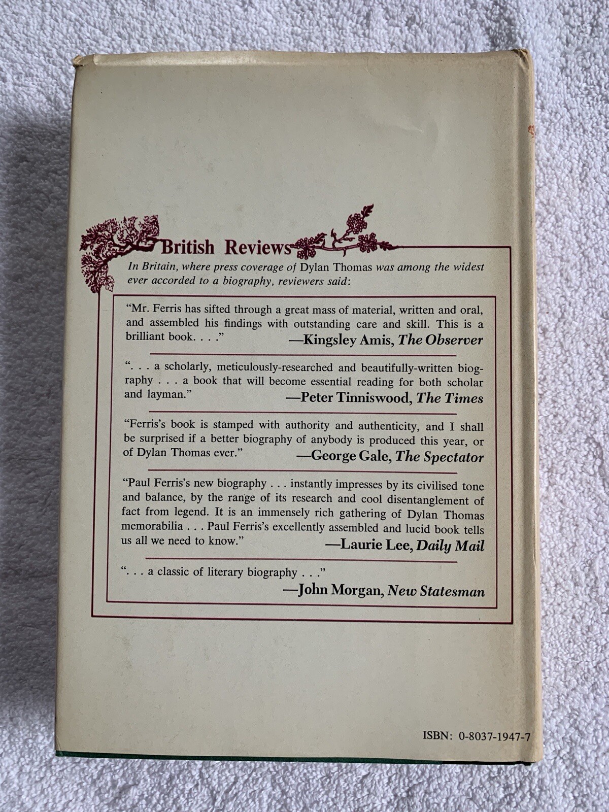 DYLAN THOMAS: A Biography by Paul Ferris 1977 1st U.S. Printing HC Dust Jacket