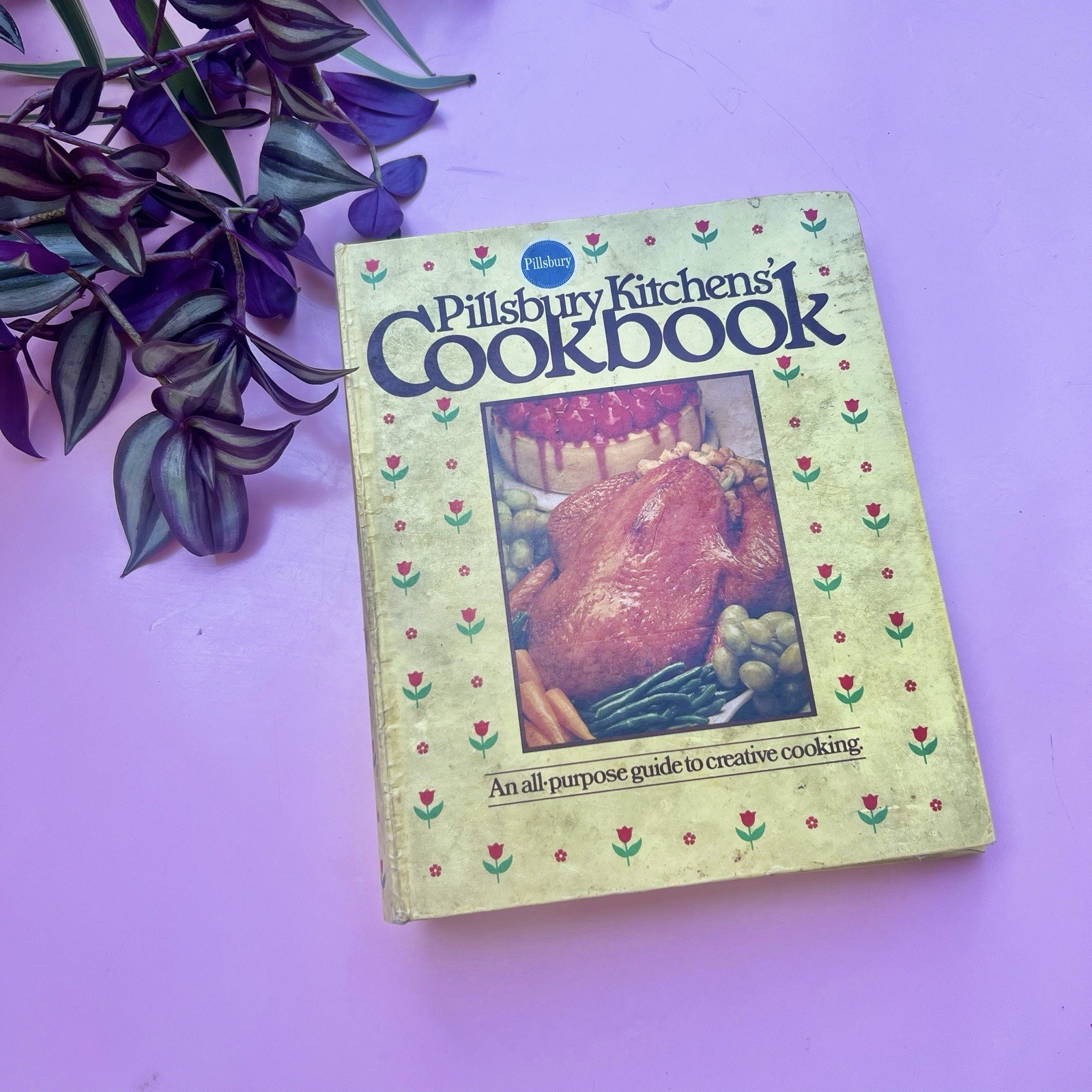 Vtg 1982 Pillsbury Kitchens’ Cookbook Yellow 3-Ring Binder Tulip Pattern Retro