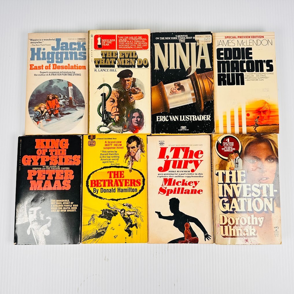 8x Vtg PB Action, Suspense, Thriller, Mystery Novels Various Titles & Authors