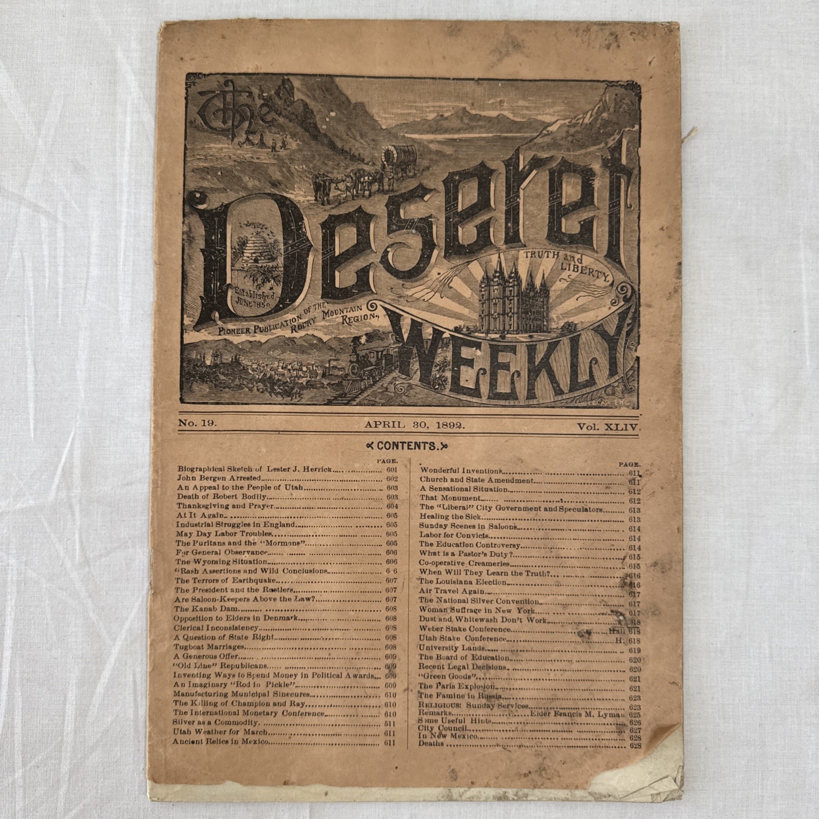 1892 Deseret Weekly No 19 Vol 44 Mormon LDS Utah Territory Salt Lake City News