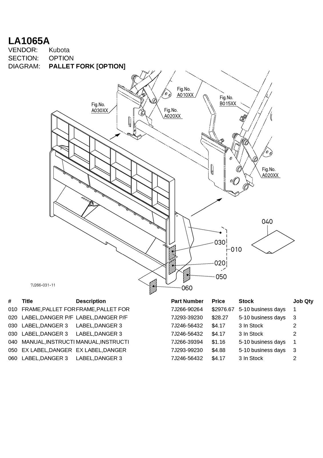KUBOTA LA1065A FRONT LOADER ILLUSTRATED PARTS LIST MANUAL – WIRE BIND – COVERED