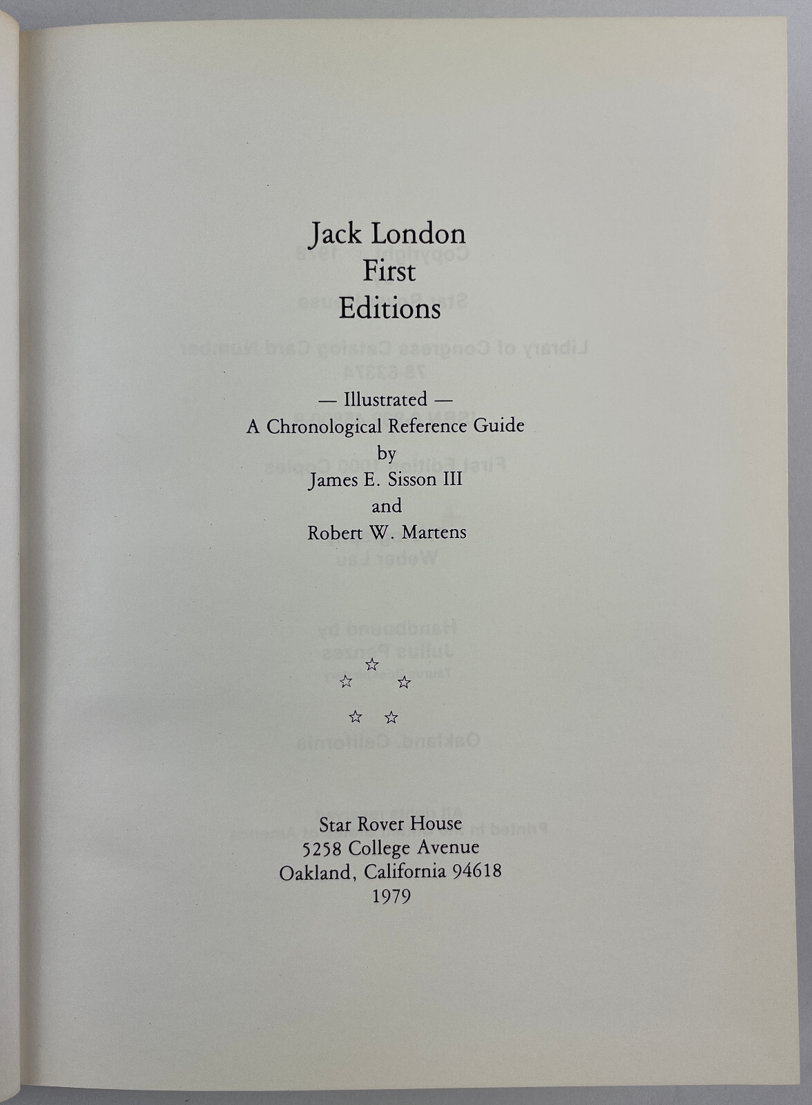 Jack London : First Editions, James E. Sisson III, 1978, Guide to Collecting, HC