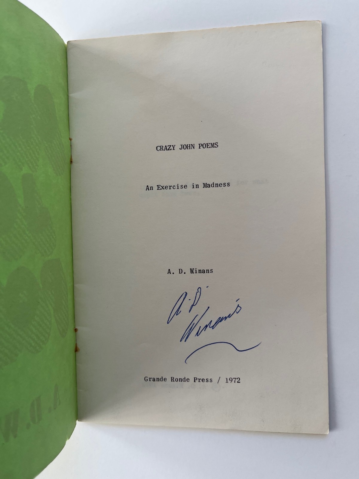 A.D. Winans ~ SIGNED ~ CRAZY JOHN Poems ~ 1972, 1st, Grande Ronde Press