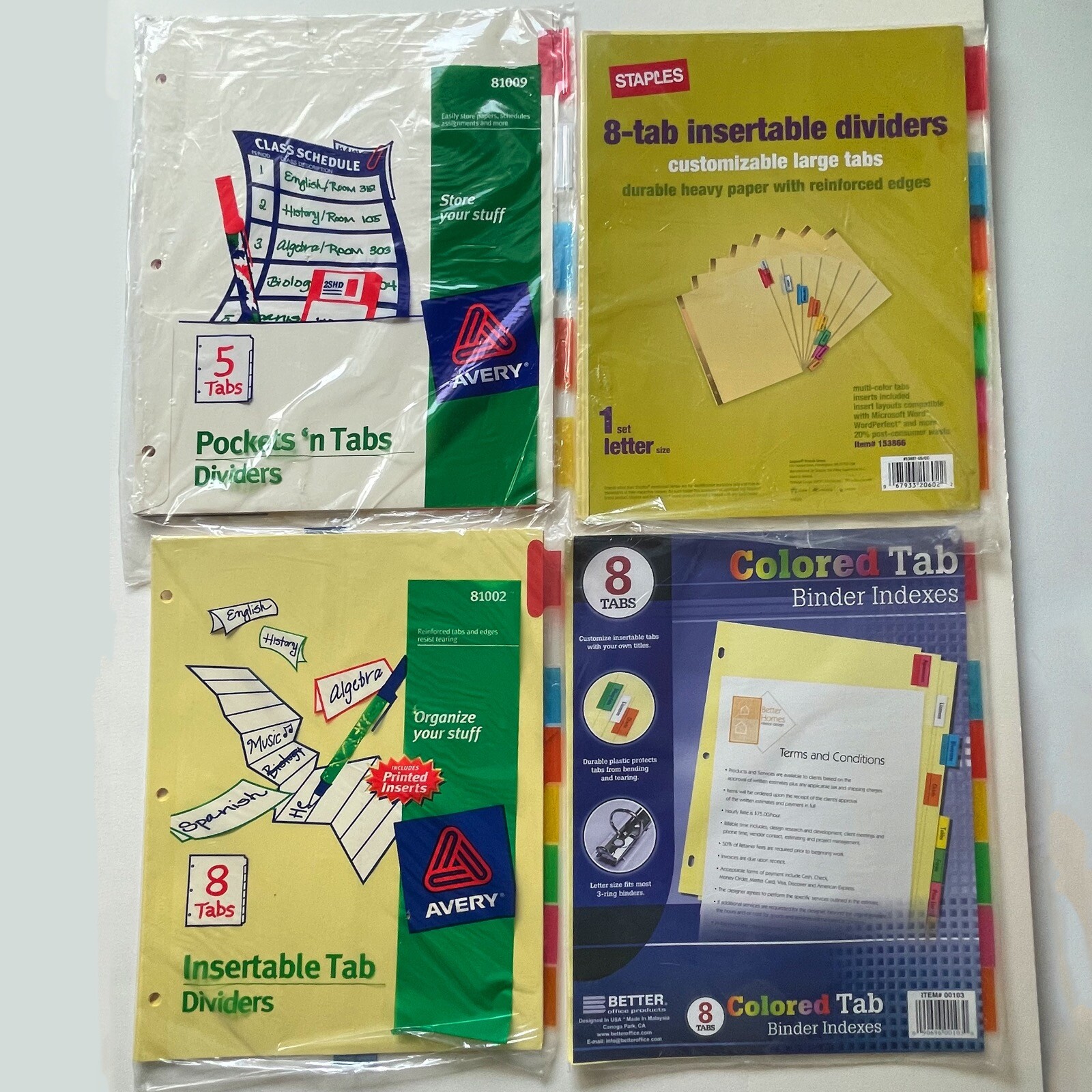 Lot 4 Packs Binder Insert Dividers w Multicolor Tabs Avery Staples 3-Hole Punch