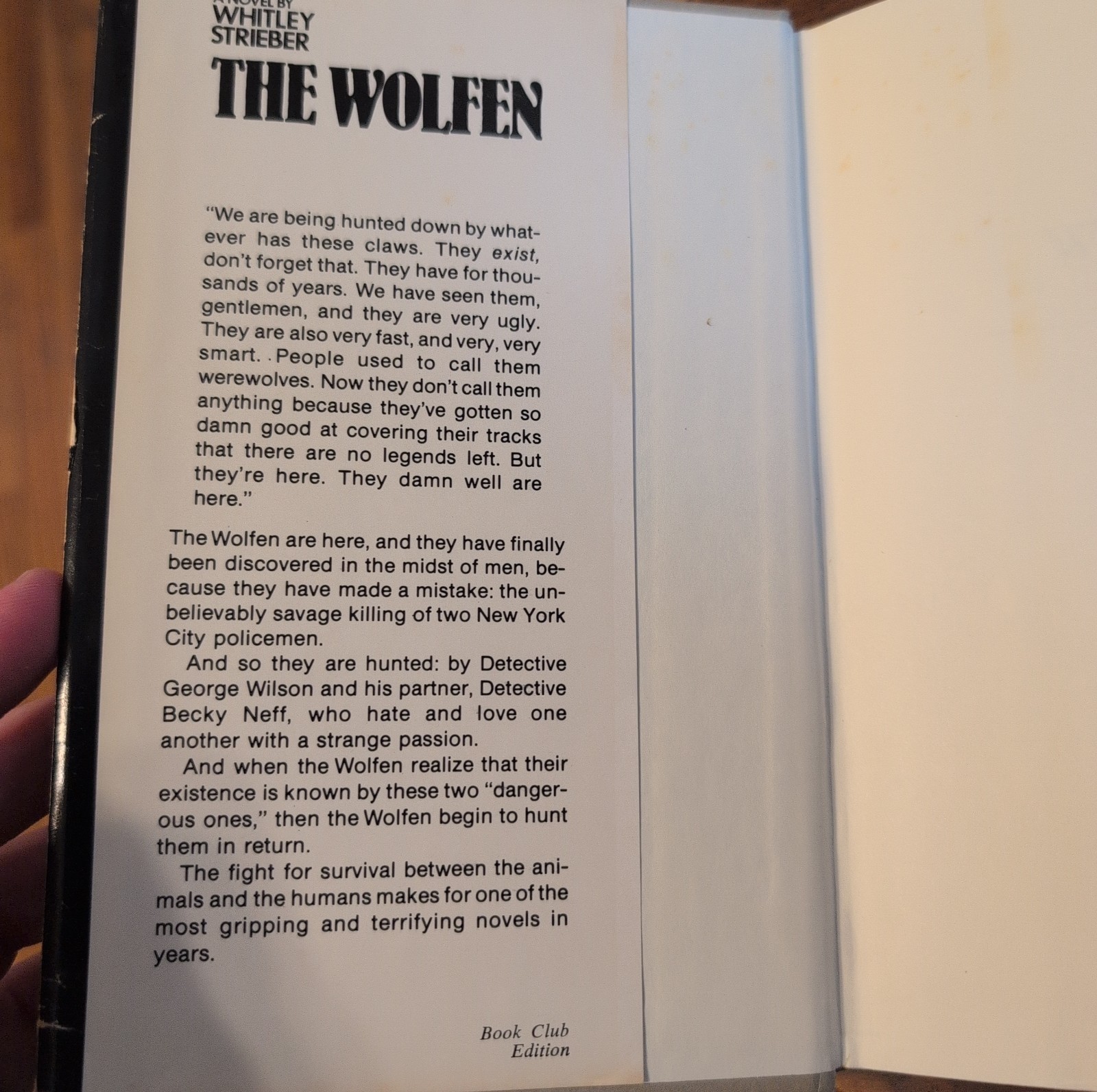 The Wolfen, Whitley Strieber 1978 Morrow HC DJ Book Club BCE Horror, Werewolves