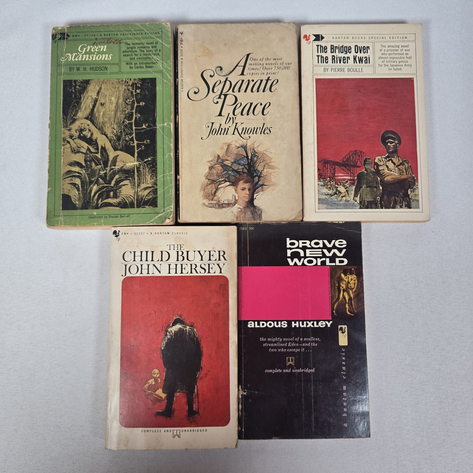 5 Vtg Bantam Paperback Classics: Green Mansions, Brave New World, Child Buyer +