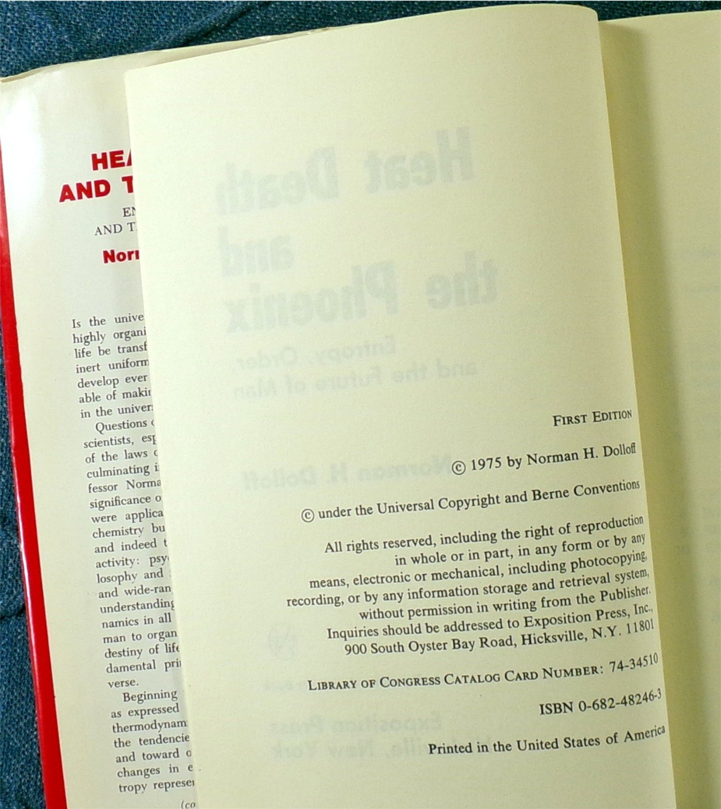 Heat Death & The Phoenix, Entropy Order & The Future Of Man, Dolloff 1975 1st Ed