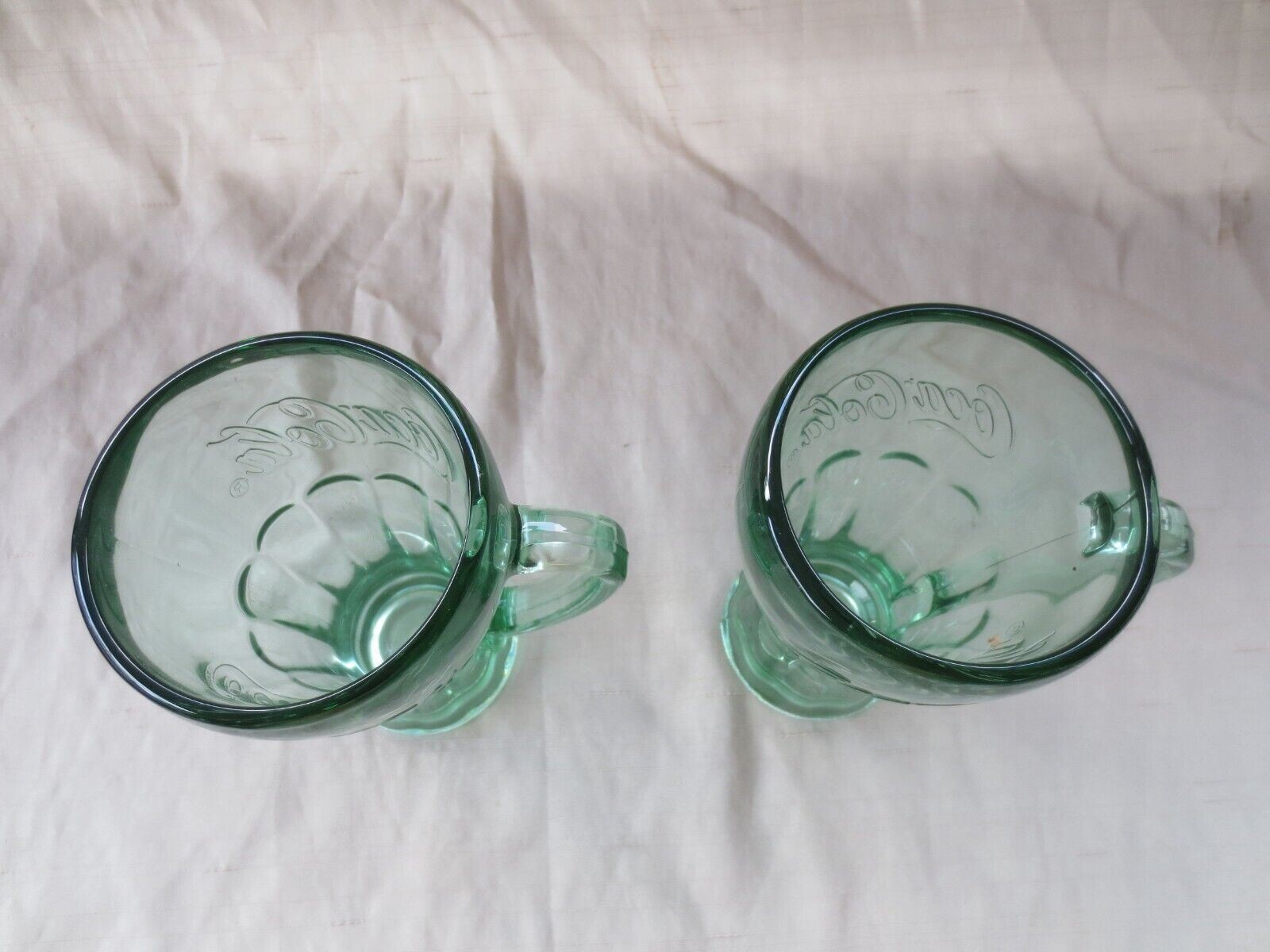 Pair Vintage Libbey Green Coca-Cola (Coke) Thick Heavy Glass Mug w/ Handle 14 oz